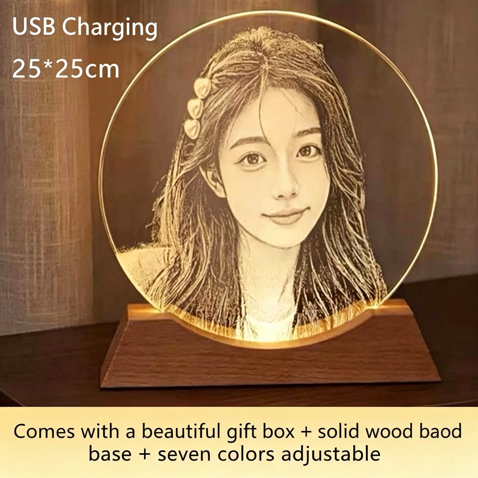 Personalized Round 25cm Glass Picture Lamp 3 Color Dimmable LED Night Light Custom Photo Engraving Gift With Free Gift Box - Image 5